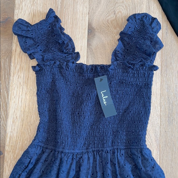 New lulus Easy Loving Navy Blue Eyelet Lace Wide-Leg Jumpsuit size small - Picture 2 of 6